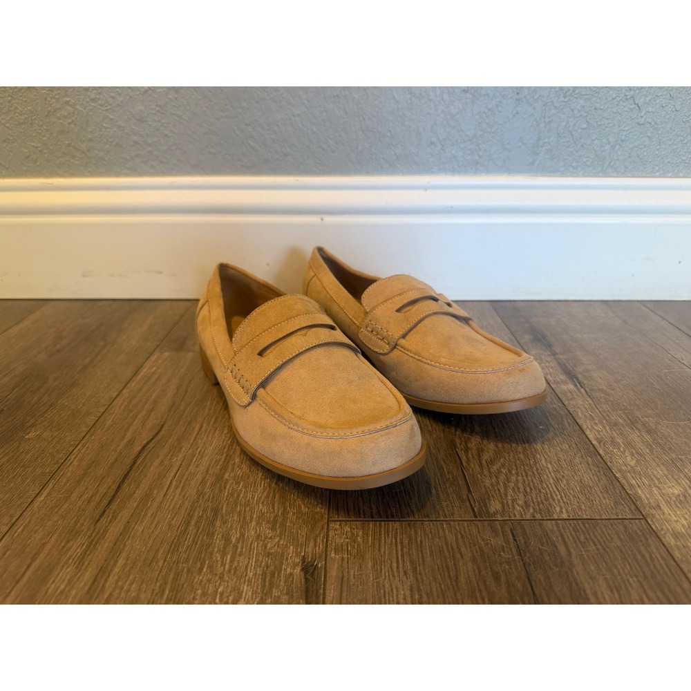 JF Tan Faux Suede Penny Loafers Womens Size 8.5 Slip On Moc Toe Flats Sand